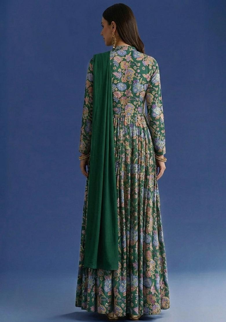 Emerald Green Figure Print Chinon Anarkali With Dupatta - Indya