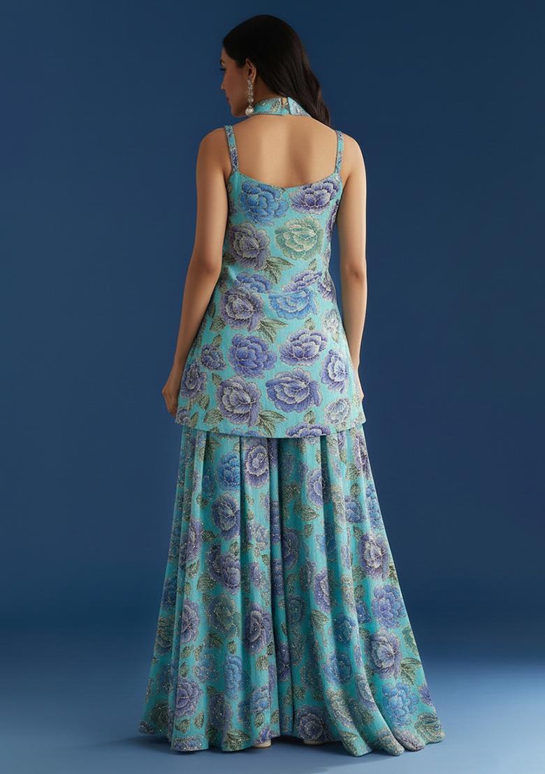 Aqua Blue Embroidered Chinon Sharara Set - Indya
