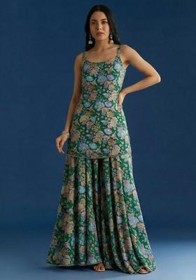 Emerald Green Floral Print Chinon Sharara Set