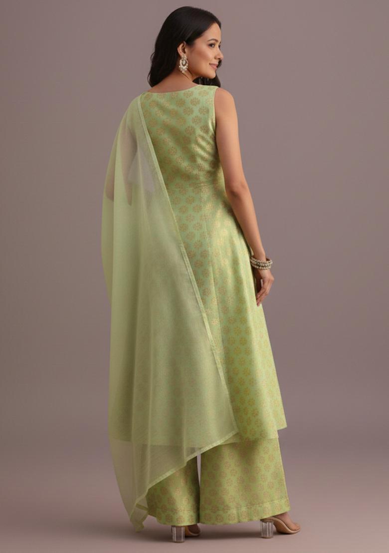 Sage Green Jacquard Jacquard A Line Kurta Set - Indya