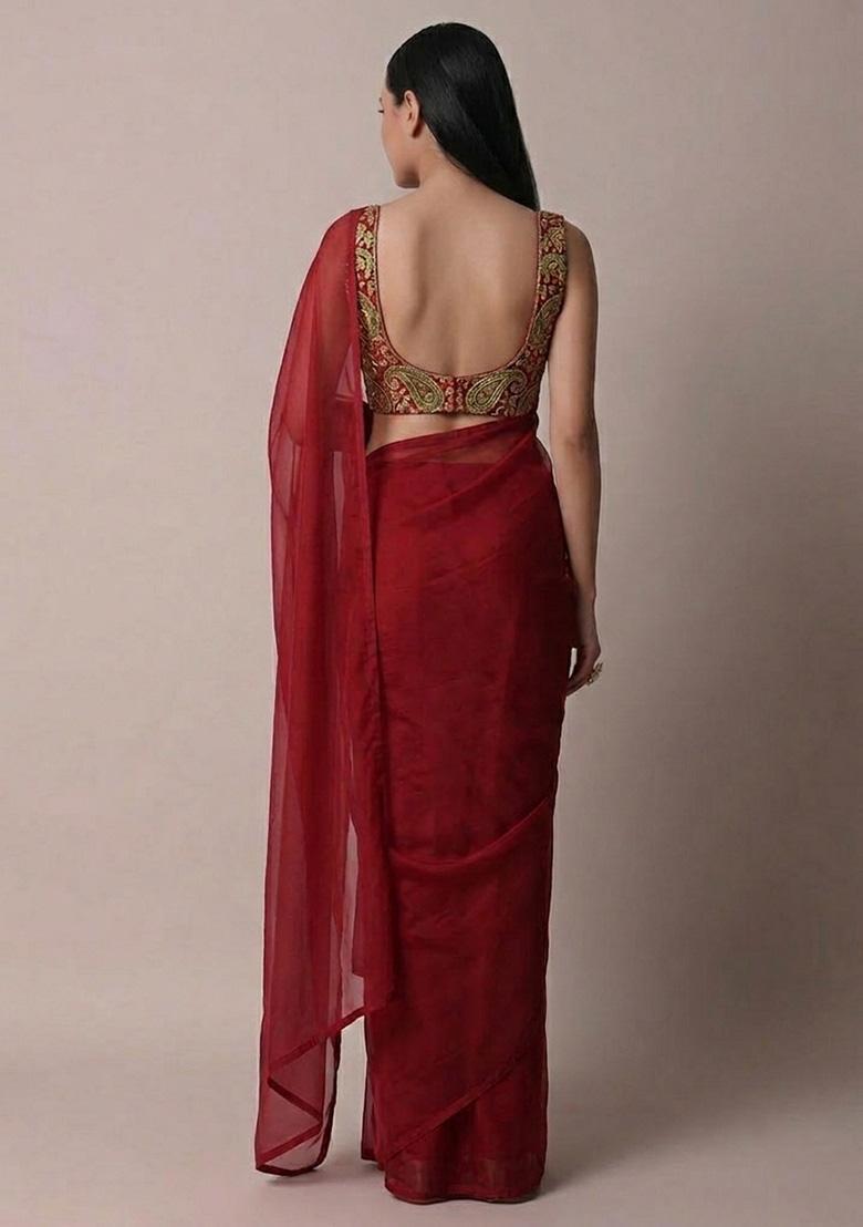 Deep Red Embroidered Crepe Pre Draped Saree Set - Indya