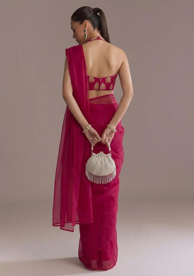 Rani Pink Jacquard Brocade Pre Draped Saree Set - Indya