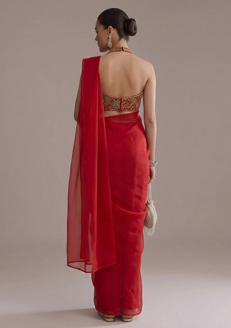 Red Embroidered Crepe Pre Draped Saree Set - Indya