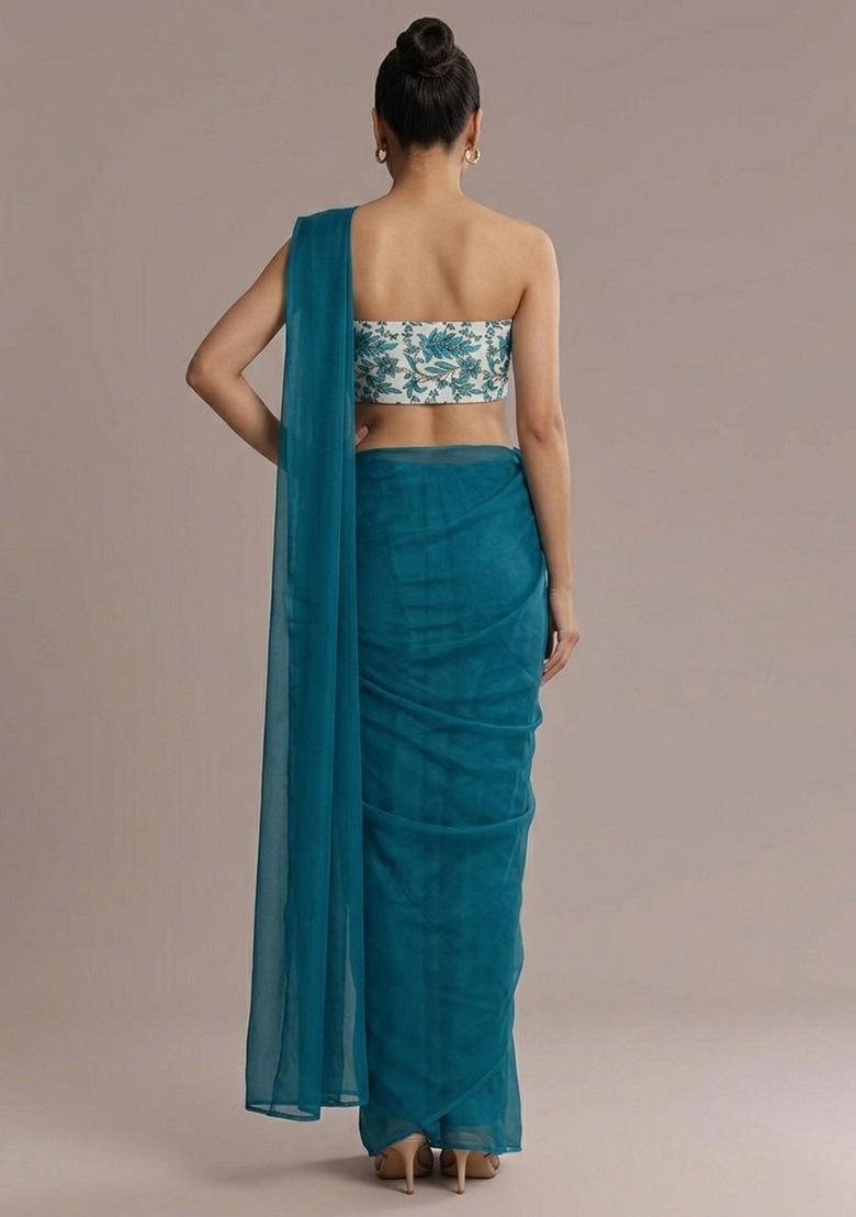 Teal Blue Printed Crepe Pre Draped Saree Set - Indya