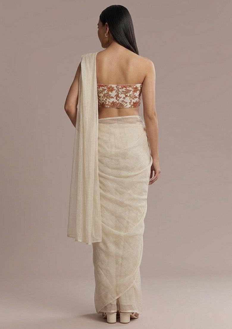 Ivory Printed Crepe Pre Draped Saree Set - Indya