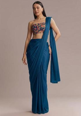 Teal Blue Printed Crepe Pre Draped Saree Set