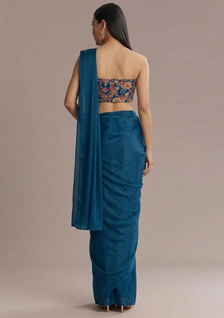 Teal Blue Printed Crepe Pre Draped Saree Set - Indya