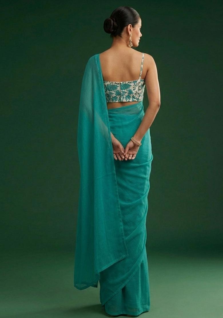 Teal Green Printed Crepe Pre Draped Saree Set - Indya