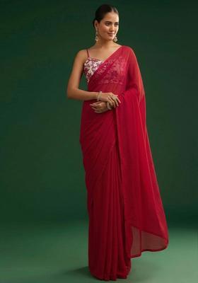 Red Printed Crepe Pre Draped Saree Set