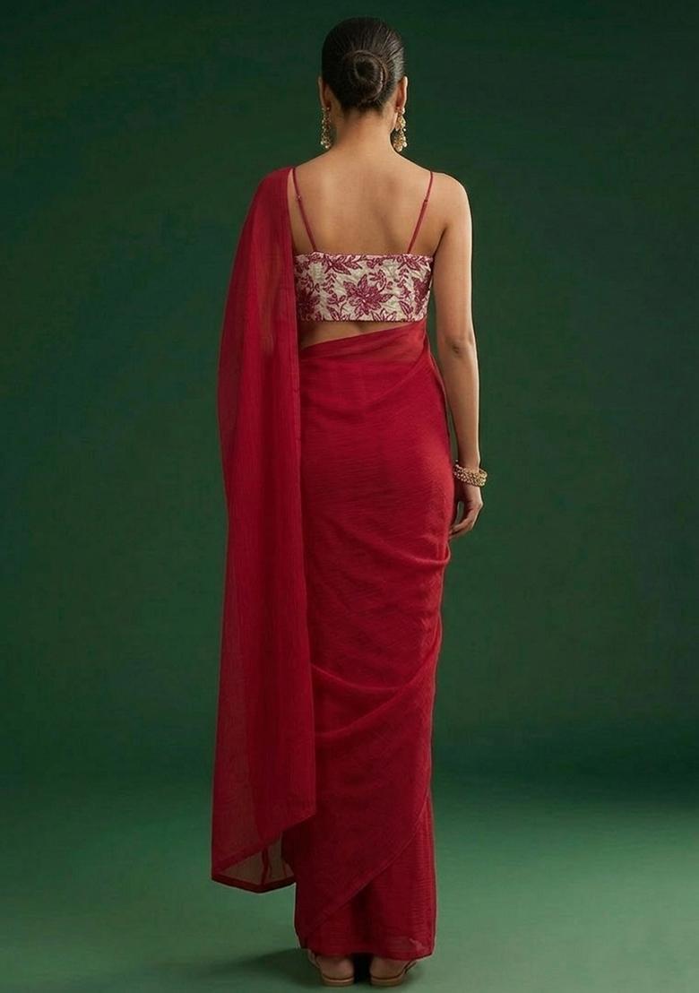 Red Printed Crepe Pre Draped Saree Set - Indya