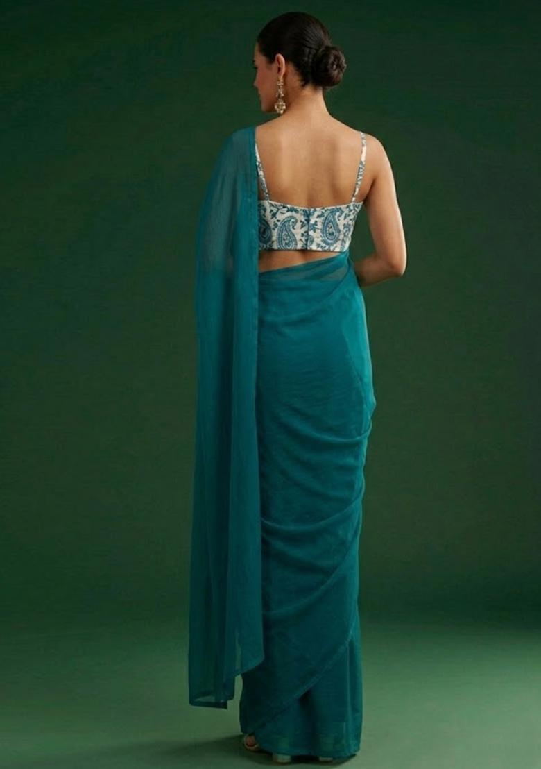 Teal Blue Printed Crepe Pre Draped Saree Set - Indya