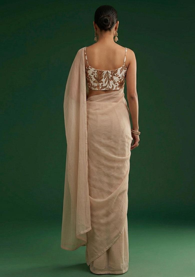 Soft Beige Printed Crepe Pre Draped Saree Set - Indya