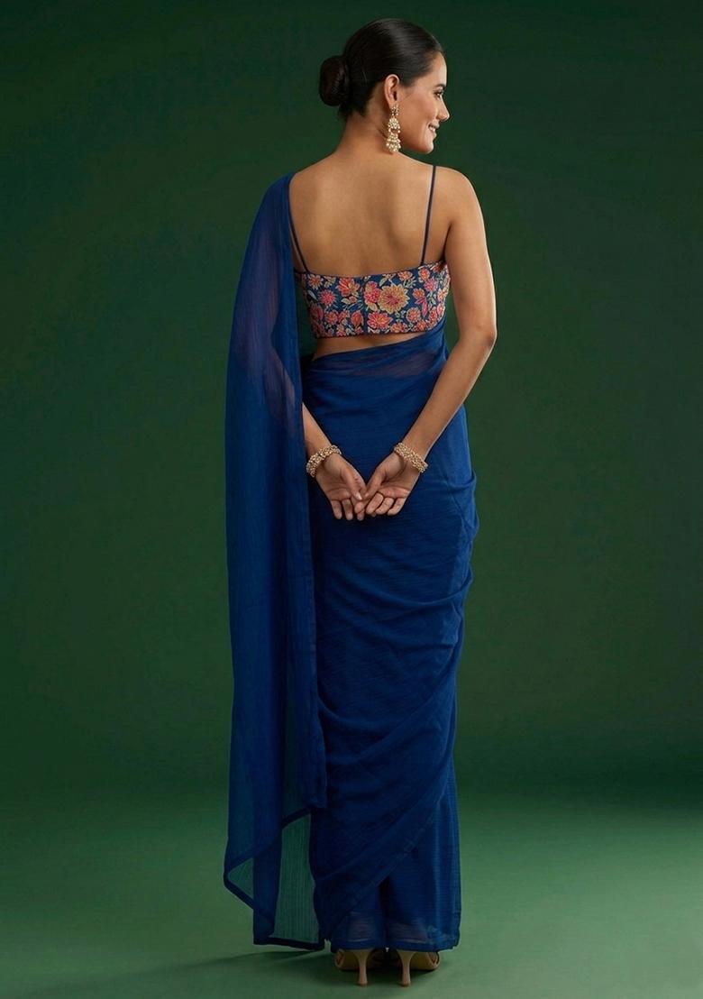 Royal Blue Floral Print Crepe Pre Draped Saree Set - Indya