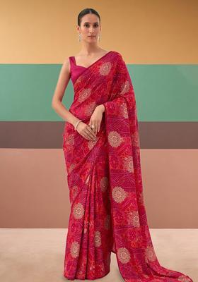 Rani Pink Printed Crepe Pre Draped Saree Set