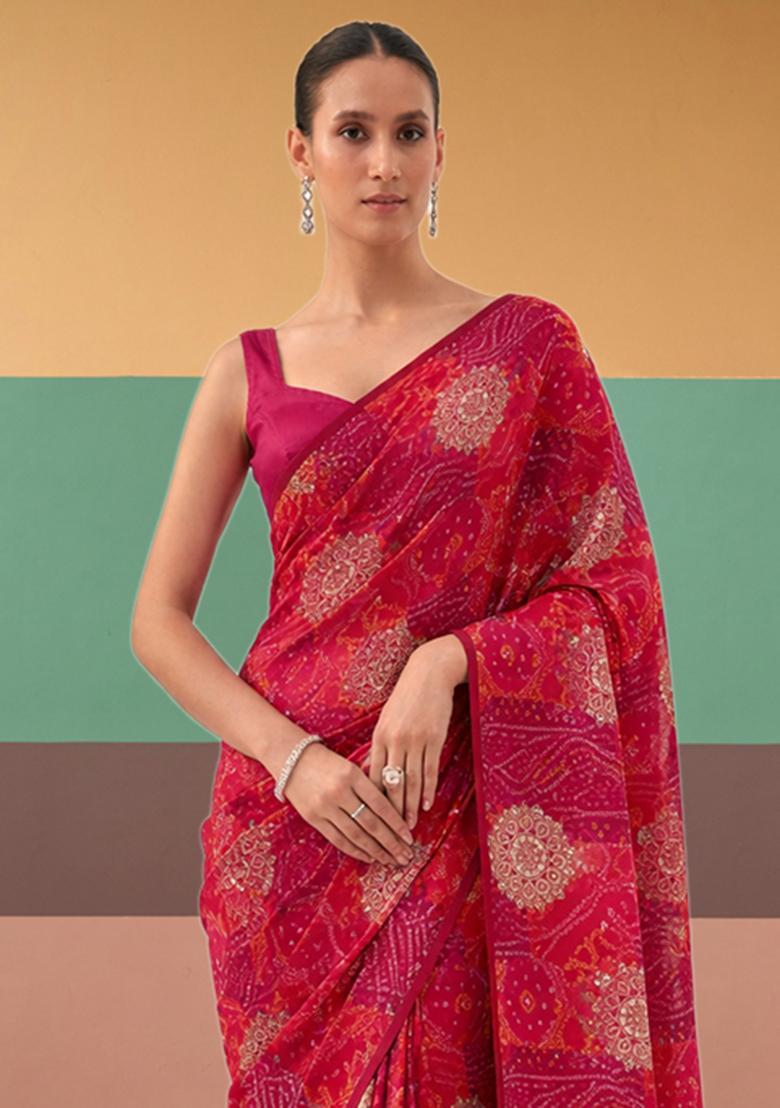Rani Pink Printed Crepe Pre Draped Saree Set - Indya