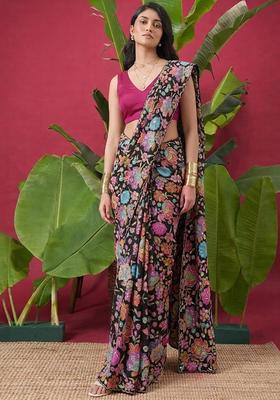 Black Floral Print Chinon Pre Draped Saree Set