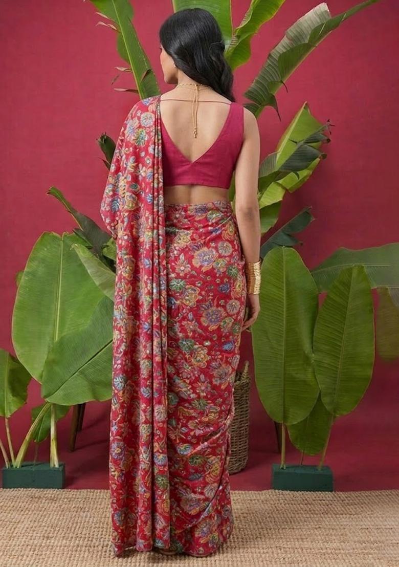 Pink Floral Print Chinon Pre Draped Saree Set - Indya