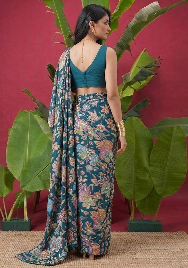 Teal Blue Floral Print Chinon Pre Draped Saree Set - Indya