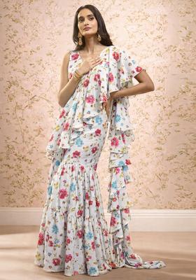 Ivory Floral Print Crepe Pre Draped Saree Set