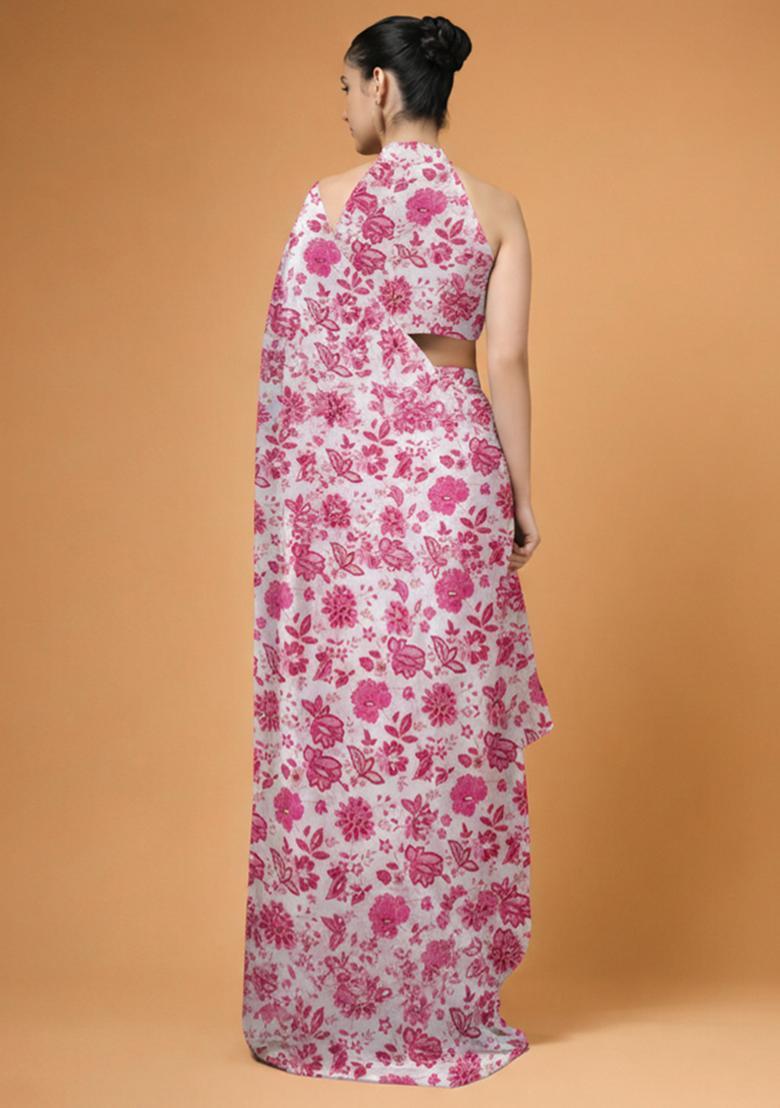 Pink Floral Print Crepe Pre Draped Saree Set - Indya