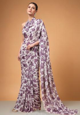 Ivory Floral Print Crepe Pre Draped Saree Set