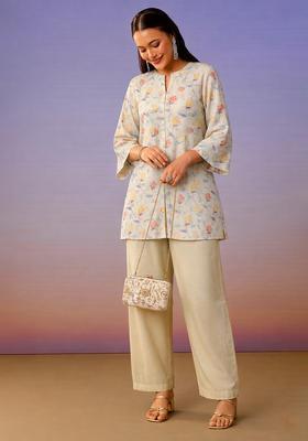 Off White Floral Print Jacquard Straight Kurta Set