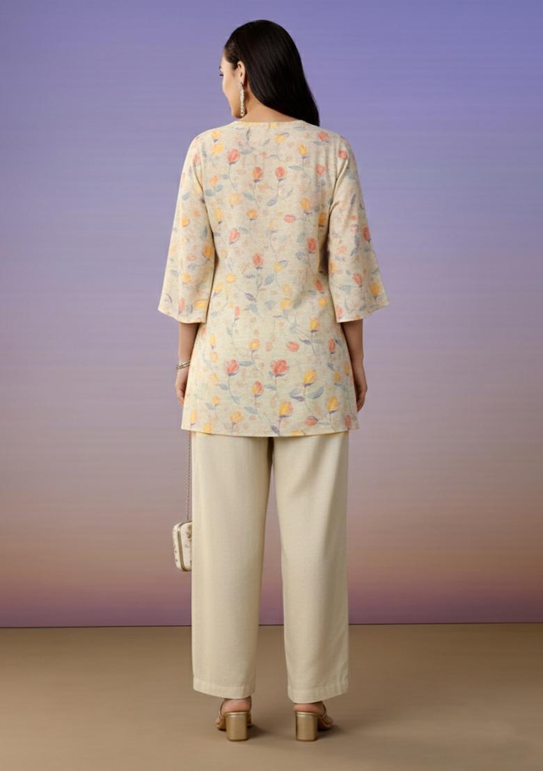 Off White Floral Print Jacquard Straight Kurta Set - Indya