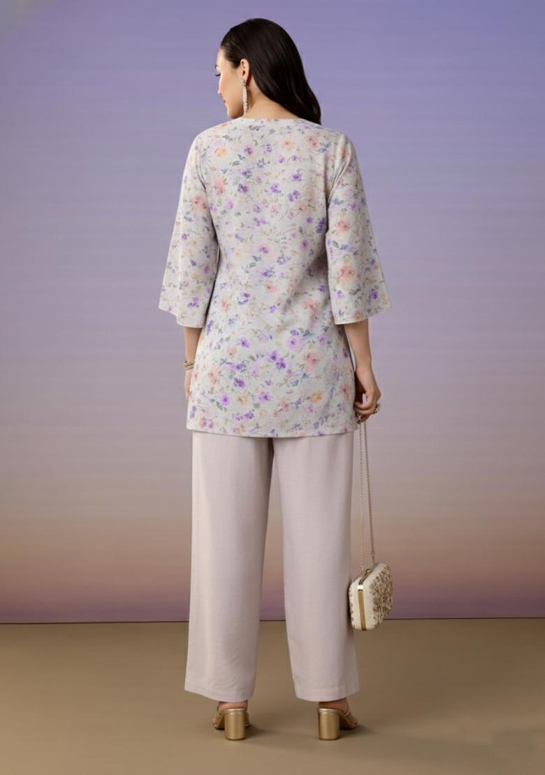 Ivory Floral Print Georgette Straight Kurta Set - Indya