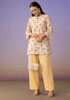 Yellow Floral Print Georgette Straight Kurta Set