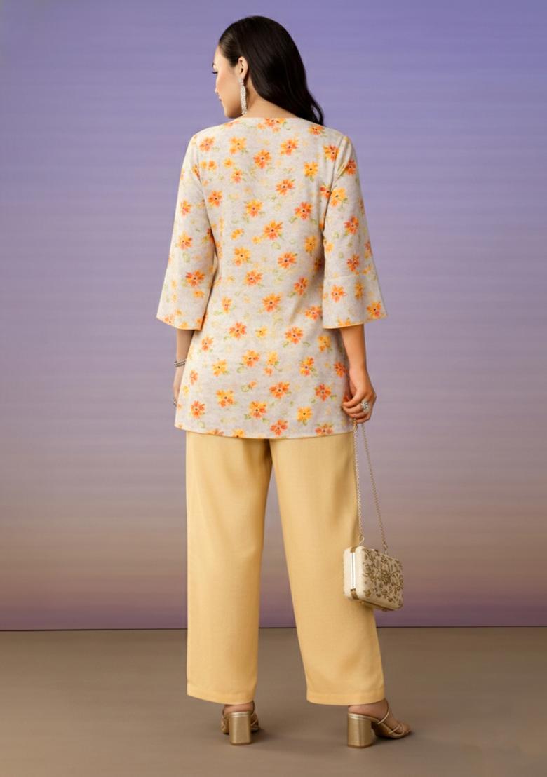 Yellow Floral Print Georgette Straight Kurta Set - Indya