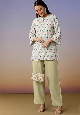 Sage Green Floral Print Jacquard Straight Kurta Set