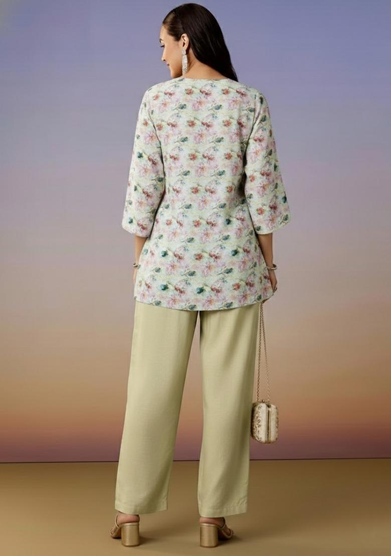 Sage Green Floral Print Jacquard Straight Kurta Set - Indya