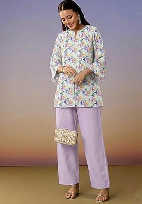Lavender Floral Print Georgette Straight Kurta Set
