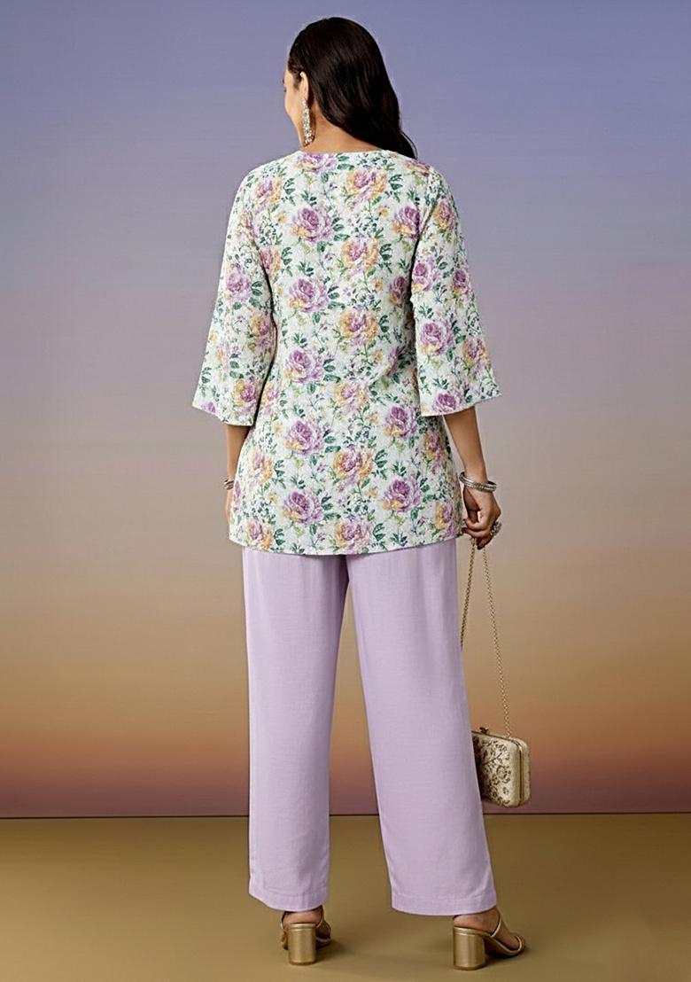 Lavender Floral Print Georgette Straight Kurta Set - Indya