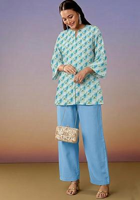Powder Blue Printed Jacquard Straight Kurta Set