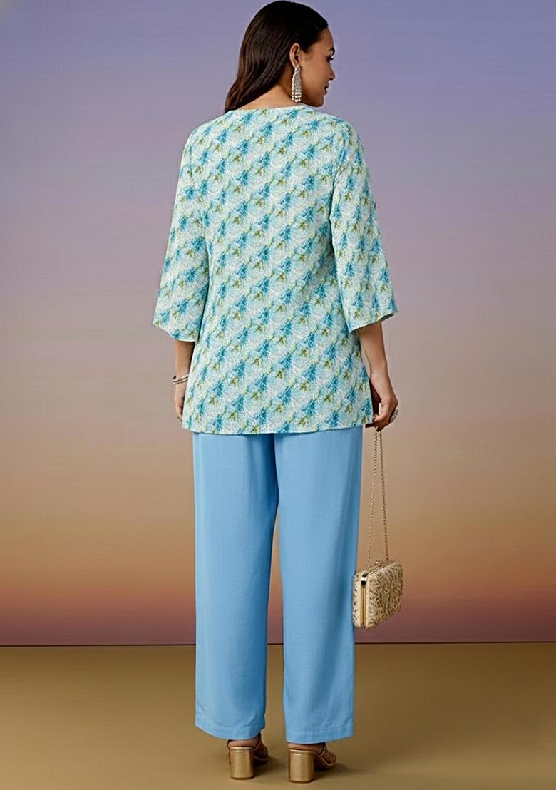 Powder Blue Printed Jacquard Straight Kurta Set - Indya