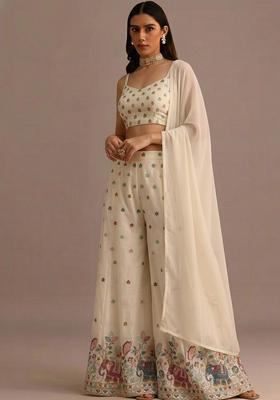 Off White Embroidered Silk Blend Fusion Set