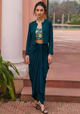 Teal Blue Embroidered Crepe Fusion Set