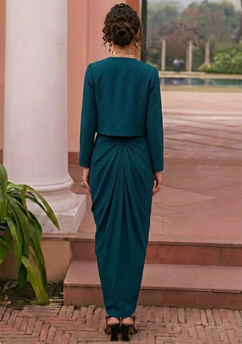 Teal Blue Embroidered Crepe Fusion Set - Indya