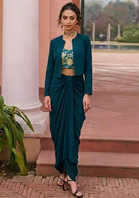 Teal Blue Embroidered Crepe Fusion Set