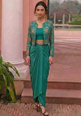 Teal Green Embroidered Crepe Fusion Set