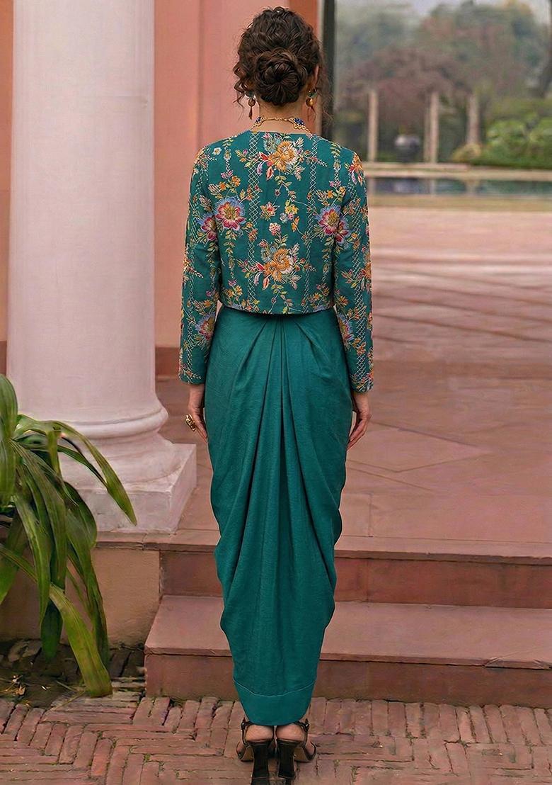 Teal Green Embroidered Crepe Fusion Set - Indya