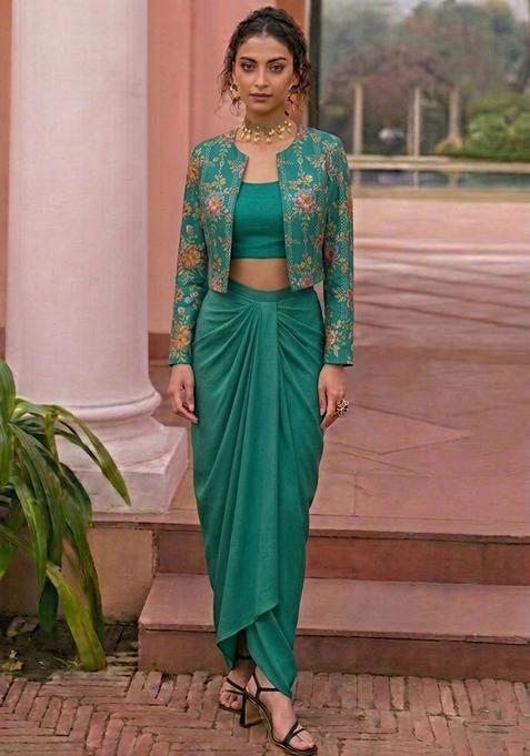 Teal Green Embroidered Crepe Fusion Set