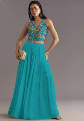 Teal Blue Printed Crepe Lehenga Set