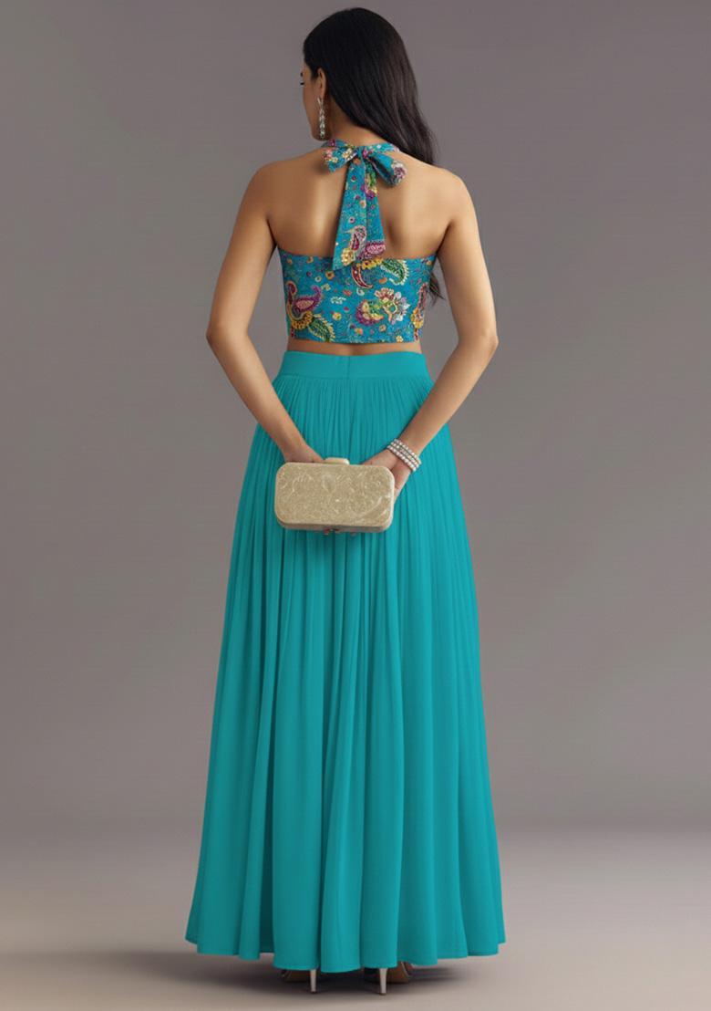 Teal Blue Printed Crepe Lehenga Set - Indya