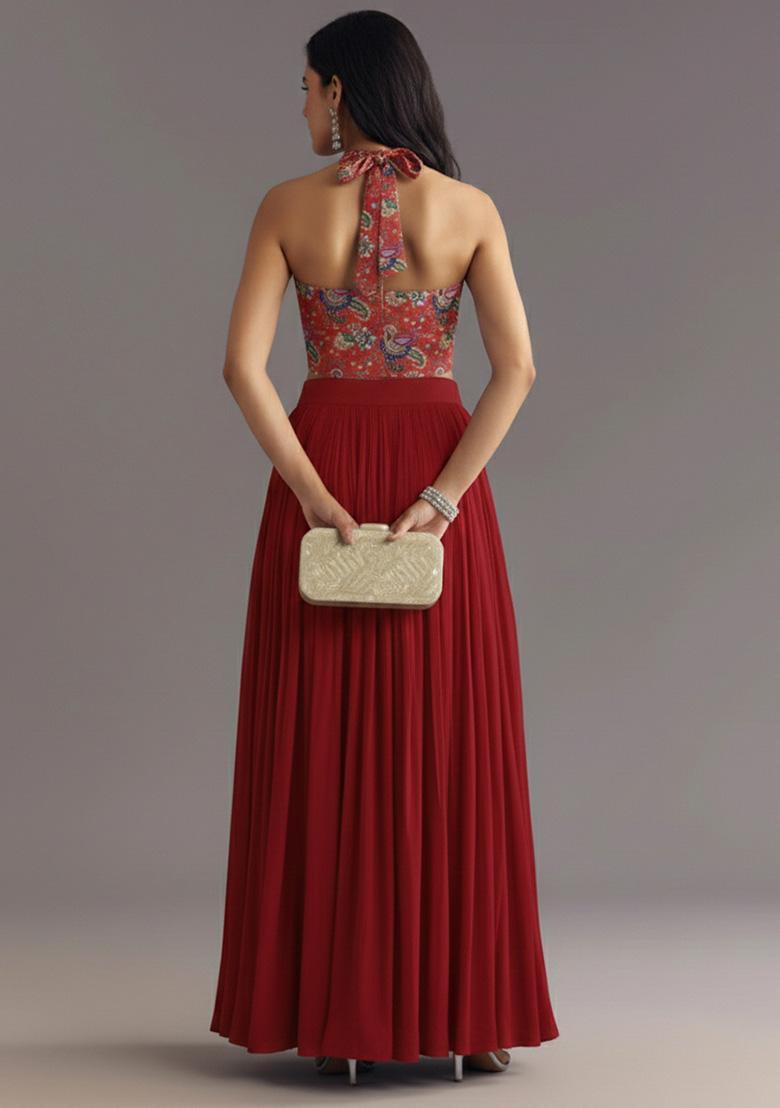 Deep Red Printed Crepe Lehenga Set - Indya