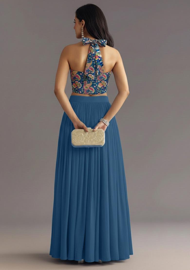 Dusty Blue Printed Crepe Lehenga Set - Indya