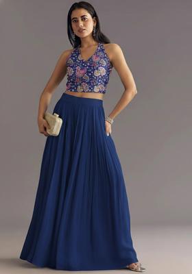 Navy Blue Printed Crepe Lehenga Set