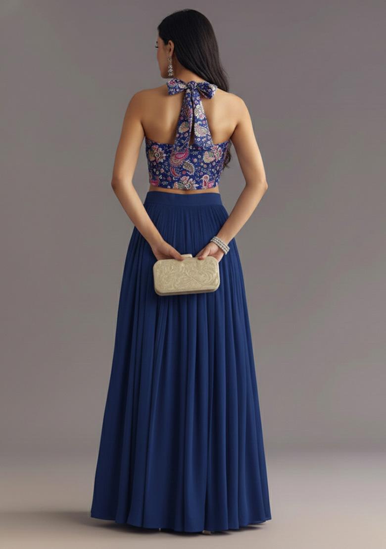 Navy Blue Printed Crepe Lehenga Set - Indya