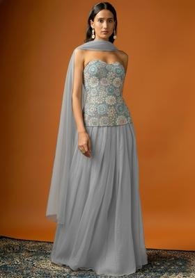 Grey Embroidered Crepe Lehenga Set